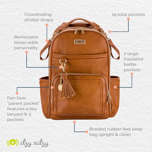 Itzy Ritzy Diaper Bag Backpack – Large Capacity Boss Plus Baby Backpack Diaper Bag Featuring 19 Pockets, Changing Pad, Stroller Clips, and Comfortable Straps (Cognac)|B0B5M3MXZV