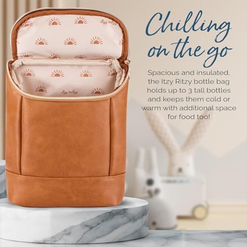 Itzy Ritzy Insulated Bottle Bag – Keeps Bottles Warm or Cool - Holds 3 Bottles & Features Interior Pocket for Ice Pack (Not Included), Cognac|B0C6FKH14P