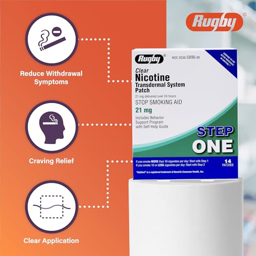 Rugby Clear Nicotine Patches - 21mg Transdermal System Patch - Smoking or Vaping Quitting Aid - Step 1 - 14 Count (1 Pack)|B001JK85I4