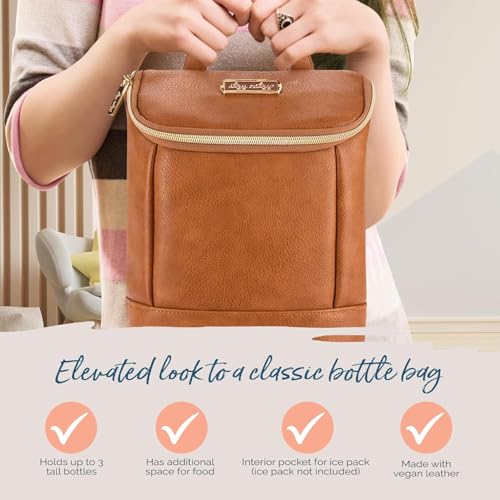 Itzy Ritzy Insulated Bottle Bag – Keeps Bottles Warm or Cool - Holds 3 Bottles & Features Interior Pocket for Ice Pack (Not Included), Cognac|B0C6FKH14P