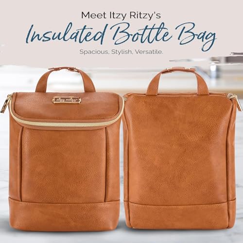 Itzy Ritzy Insulated Bottle Bag – Keeps Bottles Warm or Cool - Holds 3 Bottles & Features Interior Pocket for Ice Pack (Not Included), Cognac|B0C6FKH14P