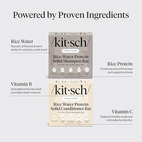 Kitsch Rice Water Protein Solid Shampoo and Conditioner Set for Hair Growth – Strengthening Hair Care Duo w/Rice Protein & Vitamins for Damage Repair – Paraben, Sulfate & Silicone Free, Made in USA|B0BS2D2KN7