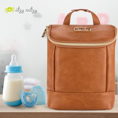 Itzy Ritzy Insulated Bottle Bag – Keeps Bottles Warm or Cool - Holds 3 Bottles & Features Interior Pocket for Ice Pack (Not Included), Cognac|B0C6FKH14P
