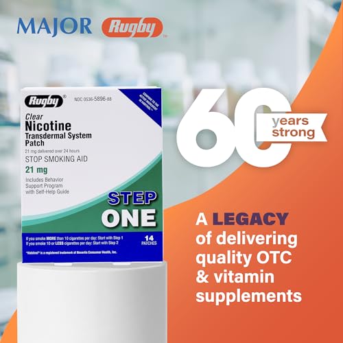 Rugby Clear Nicotine Patches - 21mg Transdermal System Patch - Smoking or Vaping Quitting Aid - Step 1 - 14 Count (1 Pack)|B001JK85I4