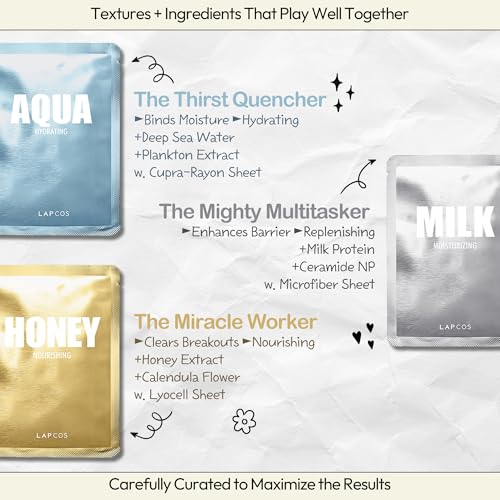 LAPCOS Daily Sheet Mask Variety Pack 7+1 (Version 1) Daily Face Masks - Hydrate, Clarify, Nourish, Exfoliate & Renew Skin, Korean Beauty Favorite (8 pack)|B0C3RZS81R