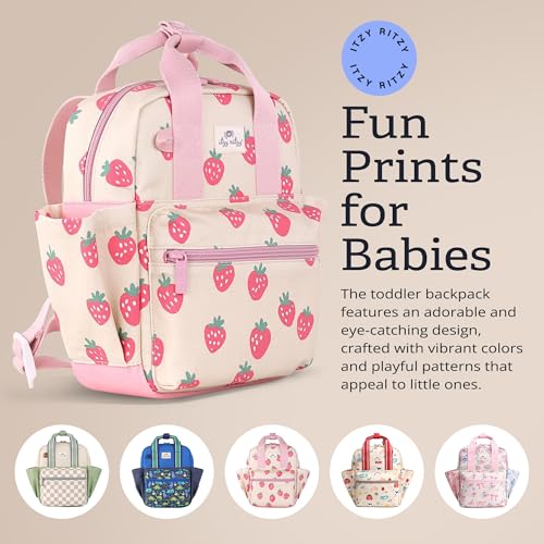 Itzy Ritzy Toddler Backpack - Daycare Bag - Features Adjustable Shoulder Straps, 2 Side Pockets & Spacious Interior with Wipeable Fabric Lining & Name Label, Strawberry Backpack|B0CLB84Z8D