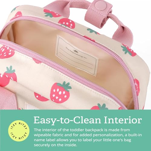 Itzy Ritzy Toddler Backpack - Daycare Bag - Features Adjustable Shoulder Straps, 2 Side Pockets & Spacious Interior with Wipeable Fabric Lining & Name Label, Strawberry Backpack|B0CLB84Z8D