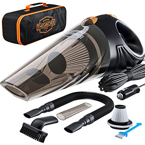 THISWORX Car Vacuum Cleaner - Portable, High Power, Handheld Vacuums w/ 3 Attachments, 16 Ft Cord & Bag - 12v, Auto Accessories Kit for Interior Detailing - Black|B06ZY896ZM