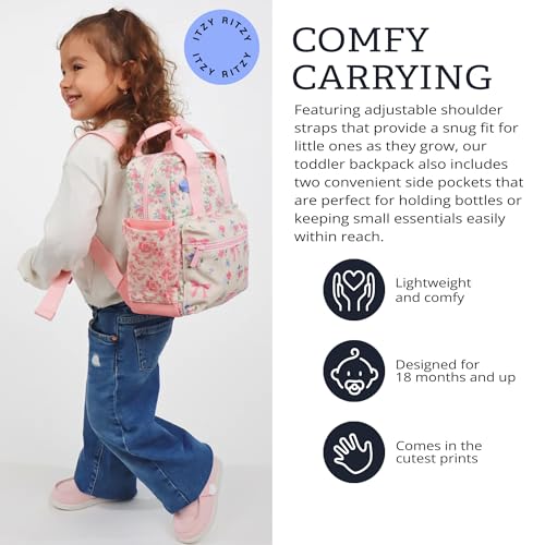 Itzy Ritzy Toddler Backpack - Daycare Bag - Features Adjustable Shoulder Straps, 2 Side Pockets & Spacious Interior with Wipeable Fabric Lining & Name Label, Ribbons & Roses Backpack|B0DHYYGWQT