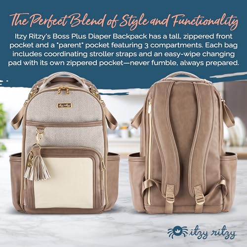 Itzy Ritzy Diaper Bag Backpack – Large Capacity Boss Plus Baby Backpack Diaper Bag Featuring 19 Pockets, Changing Pad, Stroller Clips, and Comfortable Straps (Vanilla Latte)|B0BCMLTXB4