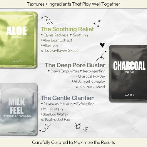 LAPCOS Daily Sheet Mask Variety Pack 7+1 (Version 1) Daily Face Masks - Hydrate, Clarify, Nourish, Exfoliate & Renew Skin, Korean Beauty Favorite (8 pack)|B0C3RZS81R