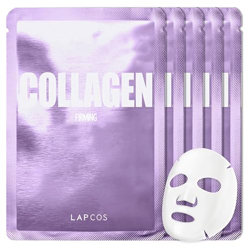 LAPCOS Collagen Sheet Mask, Firming Daily Face Mask with Collagen Peptides for Anti-Aging, Helps to Minimize Wrinkles, Restores Skin Elasticity & Firmness, Hydrating, Korean Beauty, 5-Pack|B07DN4H67T