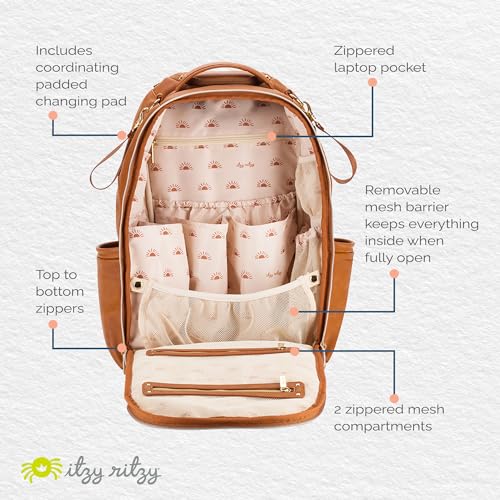 Itzy Ritzy Diaper Bag Backpack – Large Capacity Boss Plus Baby Backpack Diaper Bag Featuring 19 Pockets, Changing Pad, Stroller Clips, and Comfortable Straps (Cognac)|B0B5M3MXZV