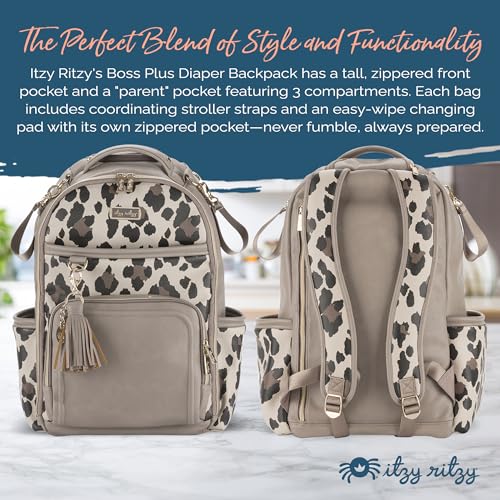 Itzy Ritzy Diaper Bag Backpack – Large Capacity Boss Plus Baby Backpack Diaper Bag Featuring 19 Pockets, Changing Pad, Stroller Clips, and Comfortable Straps (Leopard)|B0B9HR52KH