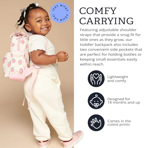Itzy Ritzy Toddler Backpack - Daycare Bag - Features Adjustable Shoulder Straps, 2 Side Pockets & Spacious Interior with Wipeable Fabric Lining & Name Label, Strawberry Backpack|B0CLB84Z8D