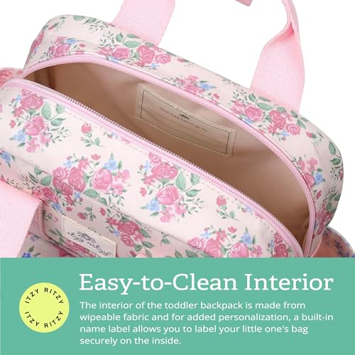 Itzy Ritzy Toddler Backpack - Daycare Bag - Features Adjustable Shoulder Straps, 2 Side Pockets & Spacious Interior with Wipeable Fabric Lining & Name Label, Ribbons & Roses Backpack|B0DHYYGWQT