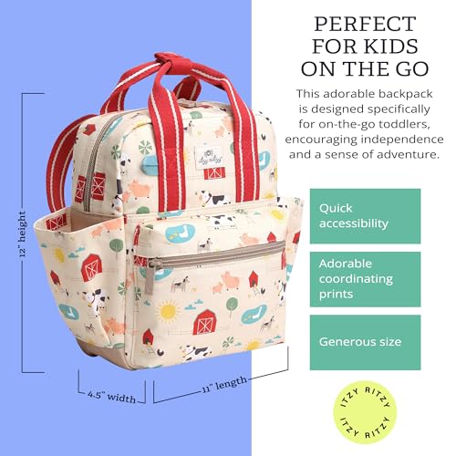 Itzy Ritzy Toddler Backpack - Daycare Bag - Features Adjustable Shoulder Straps, 2 Side Pockets & Spacious Interior with Wipeable Fabric Lining & Name Label, Farm Backpack|B0DHYW26J1