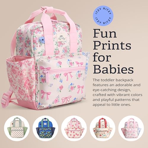 Itzy Ritzy Toddler Backpack - Daycare Bag - Features Adjustable Shoulder Straps, 2 Side Pockets & Spacious Interior with Wipeable Fabric Lining & Name Label, Ribbons & Roses Backpack|B0DHYYGWQT