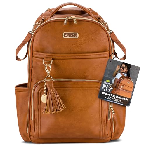 Itzy Ritzy Diaper Bag Backpack – Large Capacity Boss Plus Baby Backpack Diaper Bag Featuring 19 Pockets, Changing Pad, Stroller Clips, and Comfortable Straps (Cognac)|B0B5M3MXZV
