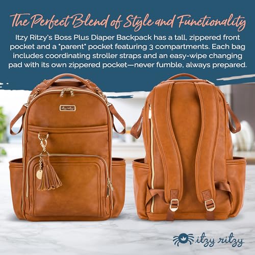 Itzy Ritzy Diaper Bag Backpack – Large Capacity Boss Plus Baby Backpack Diaper Bag Featuring 19 Pockets, Changing Pad, Stroller Clips, and Comfortable Straps (Cognac)|B0B5M3MXZV