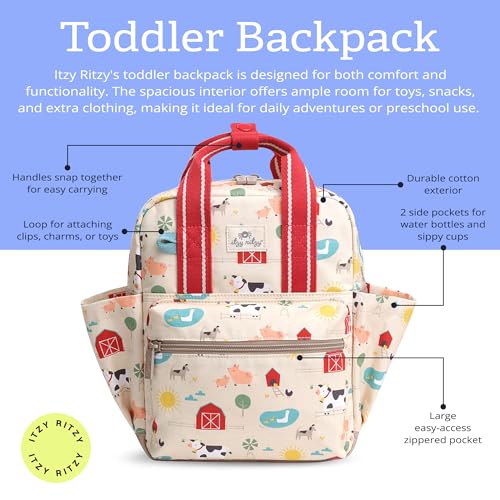 Itzy Ritzy Toddler Backpack - Daycare Bag - Features Adjustable Shoulder Straps, 2 Side Pockets & Spacious Interior with Wipeable Fabric Lining & Name Label, Farm Backpack|B0DHYW26J1