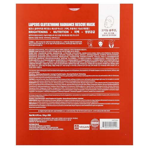 LAPCOS Glutathione Radiance Rescue Mask - Korean Skin Care Mask w/Glutathione, Niacinamide & Peptides - Hydrating Face Masks Spa Gifts for Women - Revitalizing & Firming Face Mask (5 Count, 0.91 oz)|B0DCVHWR27