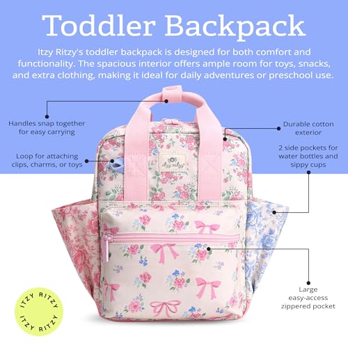 Itzy Ritzy Toddler Backpack - Daycare Bag - Features Adjustable Shoulder Straps, 2 Side Pockets & Spacious Interior with Wipeable Fabric Lining & Name Label, Ribbons & Roses Backpack|B0DHYYGWQT