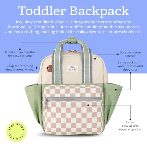 Itzy Ritzy Toddler Backpack - Daycare Bag - Features Adjustable Shoulder Straps, 2 Side Pockets & Spacious Interior with Wipeable Fabric Lining & Name Label, Checkerboard Backpack|B0CLB769JD