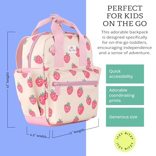 Itzy Ritzy Toddler Backpack - Daycare Bag - Features Adjustable Shoulder Straps, 2 Side Pockets & Spacious Interior with Wipeable Fabric Lining & Name Label, Strawberry Backpack|B0CLB84Z8D