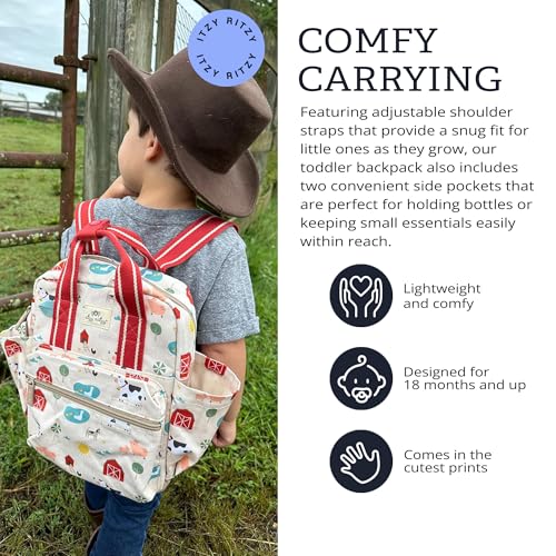 Itzy Ritzy Toddler Backpack - Daycare Bag - Features Adjustable Shoulder Straps, 2 Side Pockets & Spacious Interior with Wipeable Fabric Lining & Name Label, Farm Backpack|B0DHYW26J1