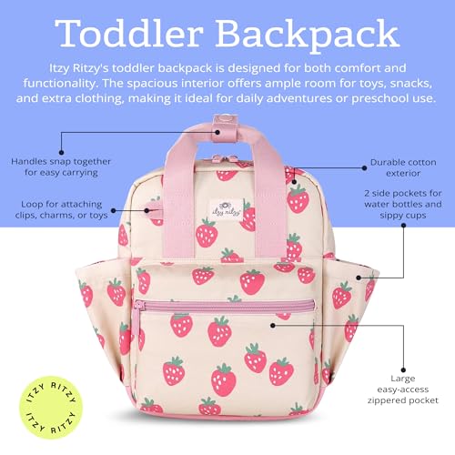 Itzy Ritzy Toddler Backpack - Daycare Bag - Features Adjustable Shoulder Straps, 2 Side Pockets & Spacious Interior with Wipeable Fabric Lining & Name Label, Strawberry Backpack|B0CLB84Z8D