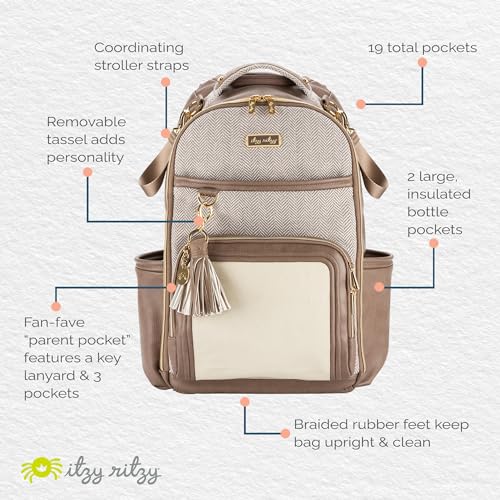 Itzy Ritzy Diaper Bag Backpack – Large Capacity Boss Plus Baby Backpack Diaper Bag Featuring 19 Pockets, Changing Pad, Stroller Clips, and Comfortable Straps (Vanilla Latte)|B0BCMLTXB4