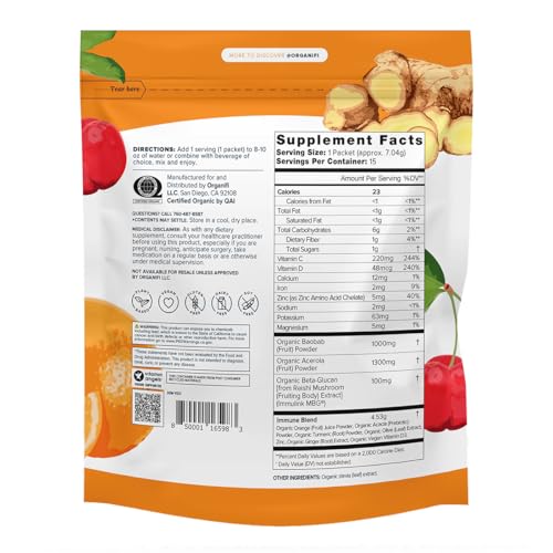Organifi Immunity - Organic Superfood Immunity Support - 15 Single Serve Packets - Immunity Powder for T Cell Production and Upper Respiratory Health - Mushroom Beta Glucans, Vitamin C, D and Zinc|B07S8SPSSJ