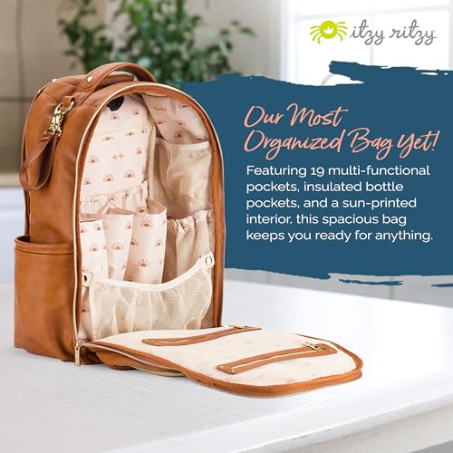 Itzy Ritzy Diaper Bag Backpack – Large Capacity Boss Plus Baby Backpack Diaper Bag Featuring 19 Pockets, Changing Pad, Stroller Clips, and Comfortable Straps (Cognac)|B0B5M3MXZV