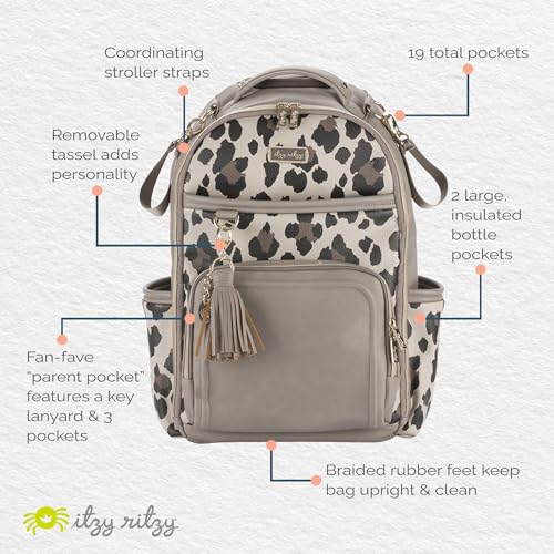 Itzy Ritzy Diaper Bag Backpack – Large Capacity Boss Plus Baby Backpack Diaper Bag Featuring 19 Pockets, Changing Pad, Stroller Clips, and Comfortable Straps (Leopard)|B0B9HR52KH