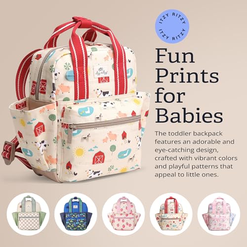 Itzy Ritzy Toddler Backpack - Daycare Bag - Features Adjustable Shoulder Straps, 2 Side Pockets & Spacious Interior with Wipeable Fabric Lining & Name Label, Farm Backpack|B0DHYW26J1