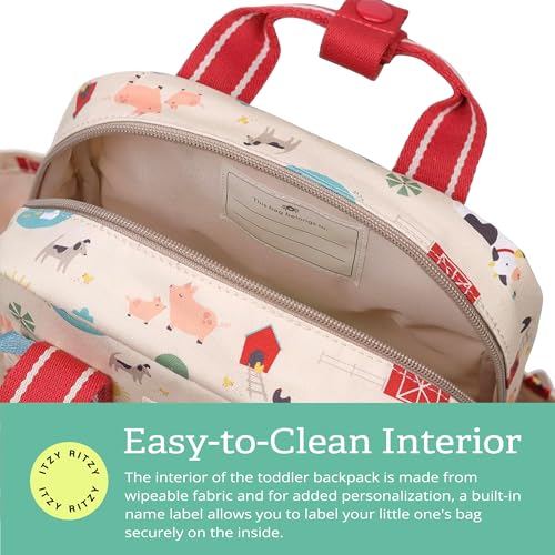 Itzy Ritzy Toddler Backpack - Daycare Bag - Features Adjustable Shoulder Straps, 2 Side Pockets & Spacious Interior with Wipeable Fabric Lining & Name Label, Farm Backpack|B0DHYW26J1