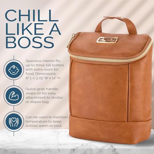 Itzy Ritzy Insulated Bottle Bag – Keeps Bottles Warm or Cool - Holds 3 Bottles & Features Interior Pocket for Ice Pack (Not Included), Cognac|B0C6FKH14P