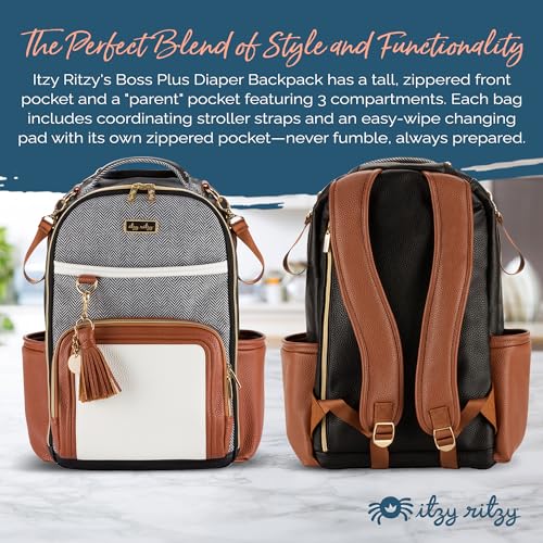 Itzy Ritzy Diaper Bag Backpack – Large Capacity Boss Plus Baby Backpack Diaper Bag Featuring 19 Pockets, Changing Pad, Stroller Clips, and Comfortable Straps (Coffee & Cream)|B0B7YH1NLR