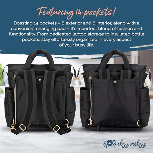 Itzy Ritzy Dream Convertible Diaper Bag Tote Backpack - Baby Diaper Bag with 14 Pockets, Changing Pad & More (Midnight Black)|B08ZTMR36W